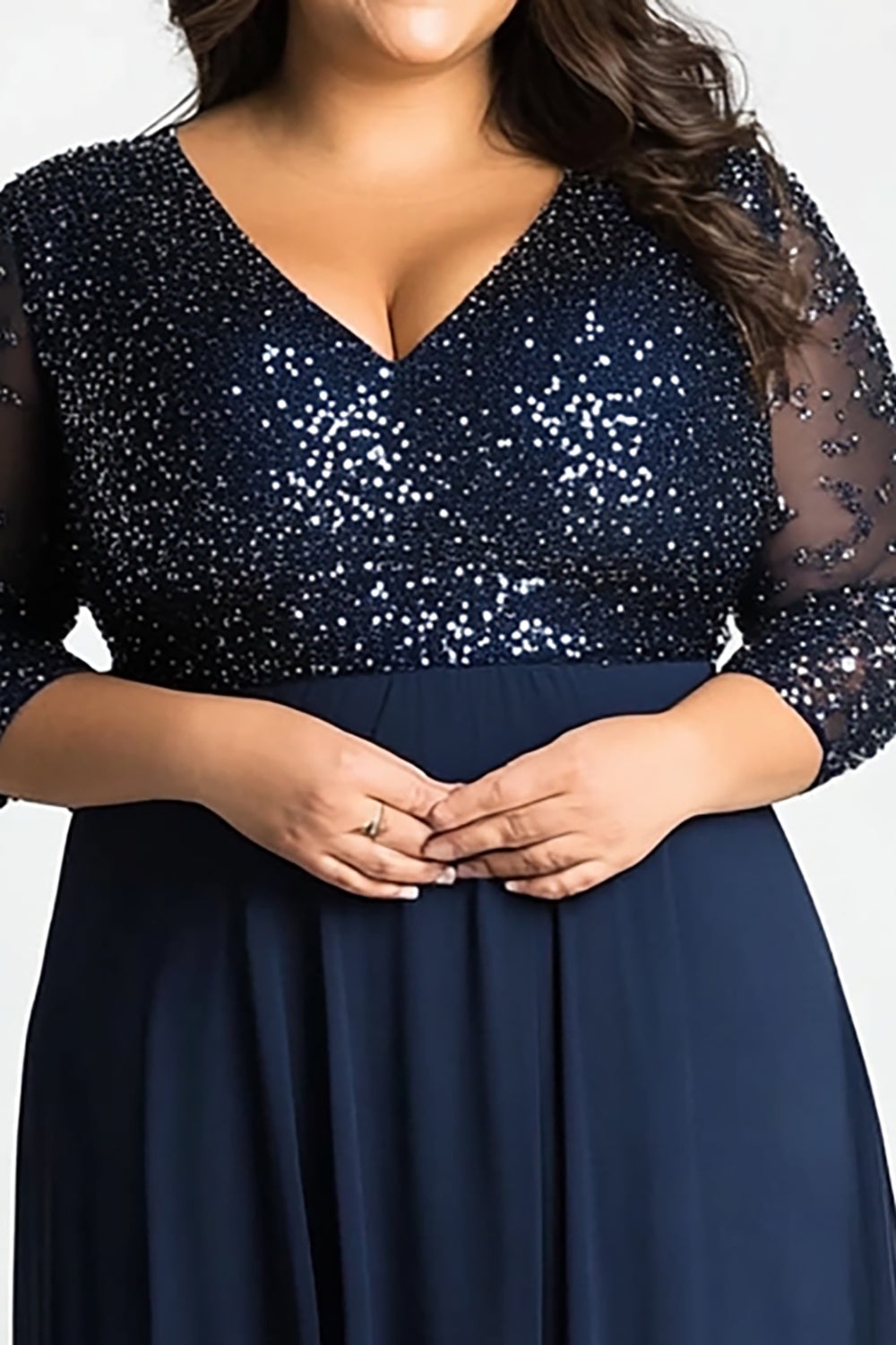 Plus Size Navy A Line V-Neck Long Mother of the Bride Dress