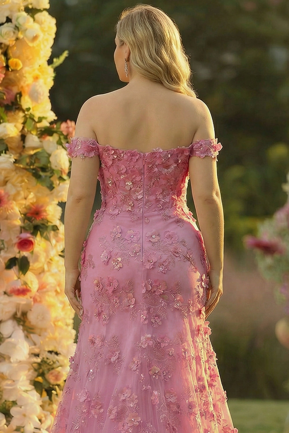 Plus Size Taro Floral Mermaid Off the Shoulder Long Corset Prom Dress with Slit