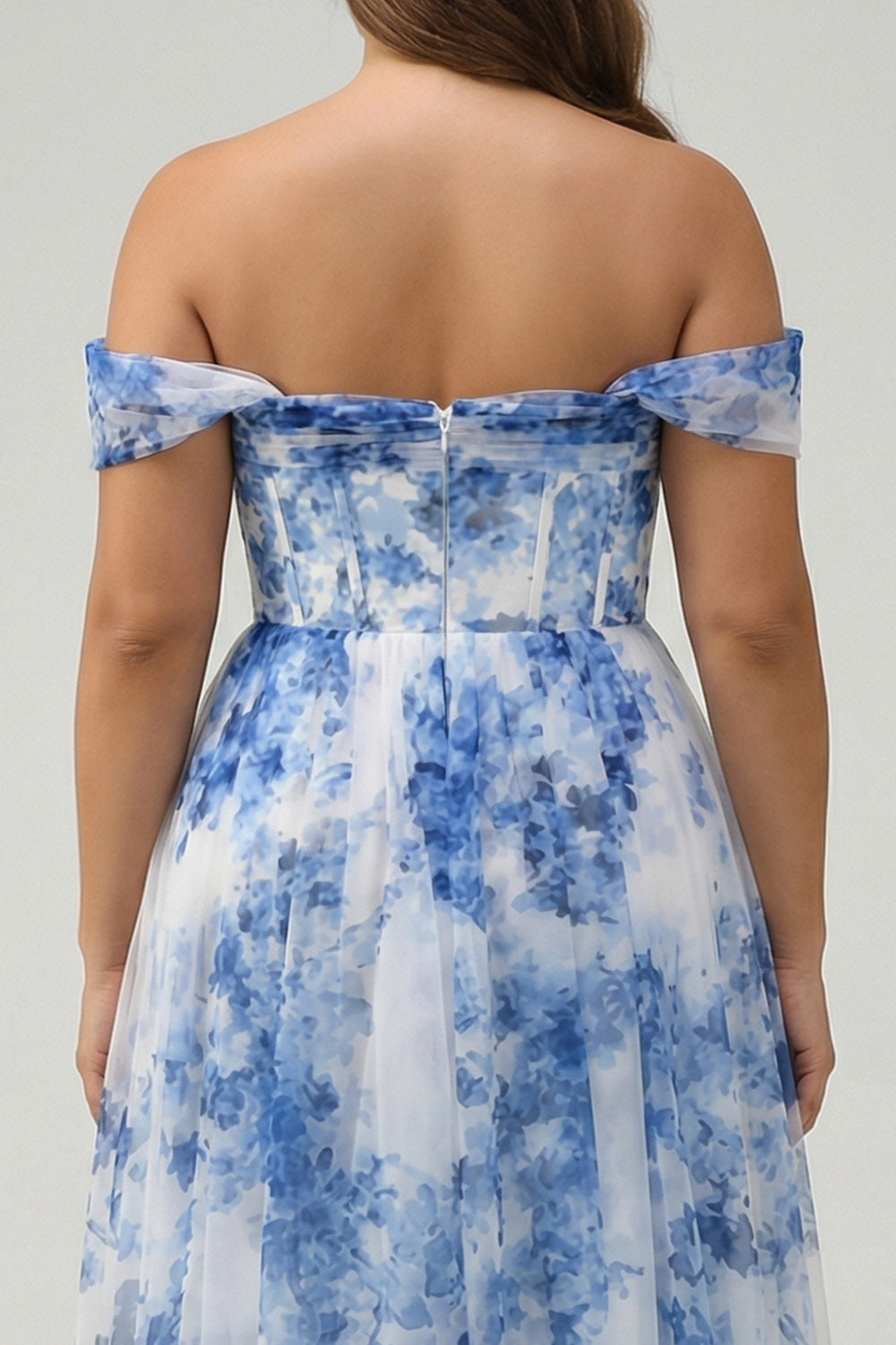 Plus Size White Blue Floral Off The Shoulder Long Bridesmaid Dress with Slit