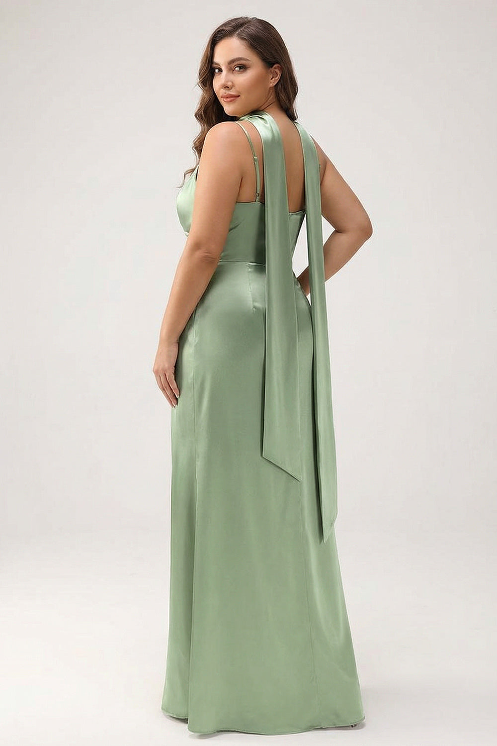 Plus Size Dusty Sage Sheath Spaghetti Straps Satin Long Bridesmaid Dress with Slit