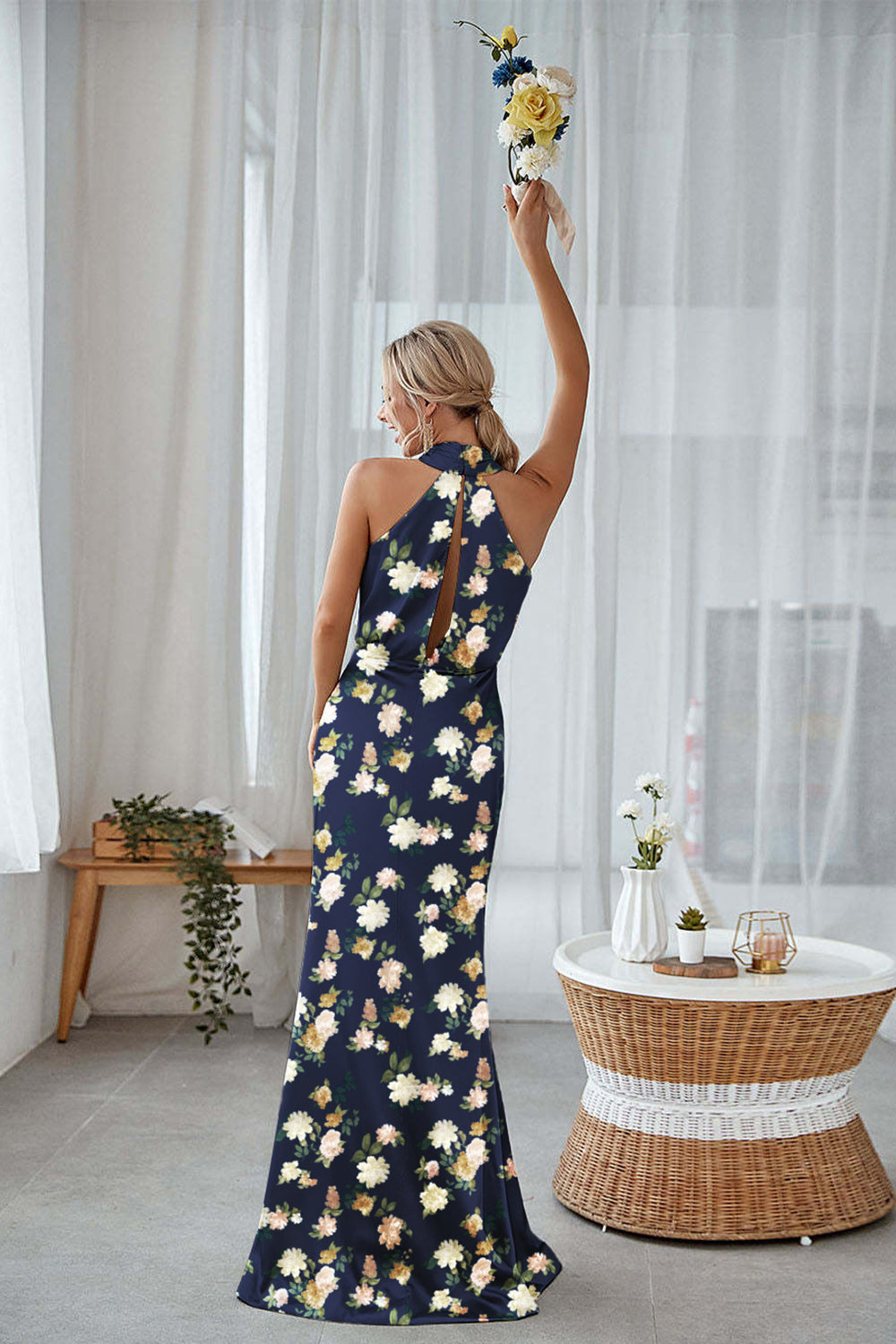 Floral Navy Bloom Plus Size Sheath Halter Long Bridesmaid Dress