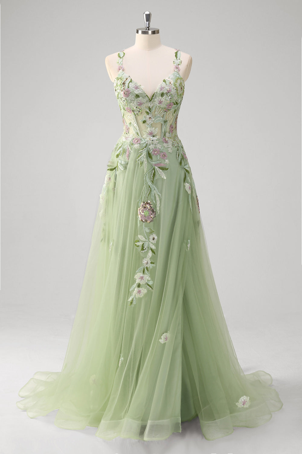 Plus Size Sparkly Green Sequins Embroidered Long Corset Prom Dress With Slit