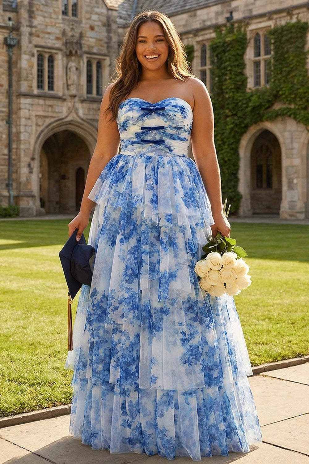 White Blue Floral Floral A-Line Strapless Tiered Long Prom Dress with Bows
