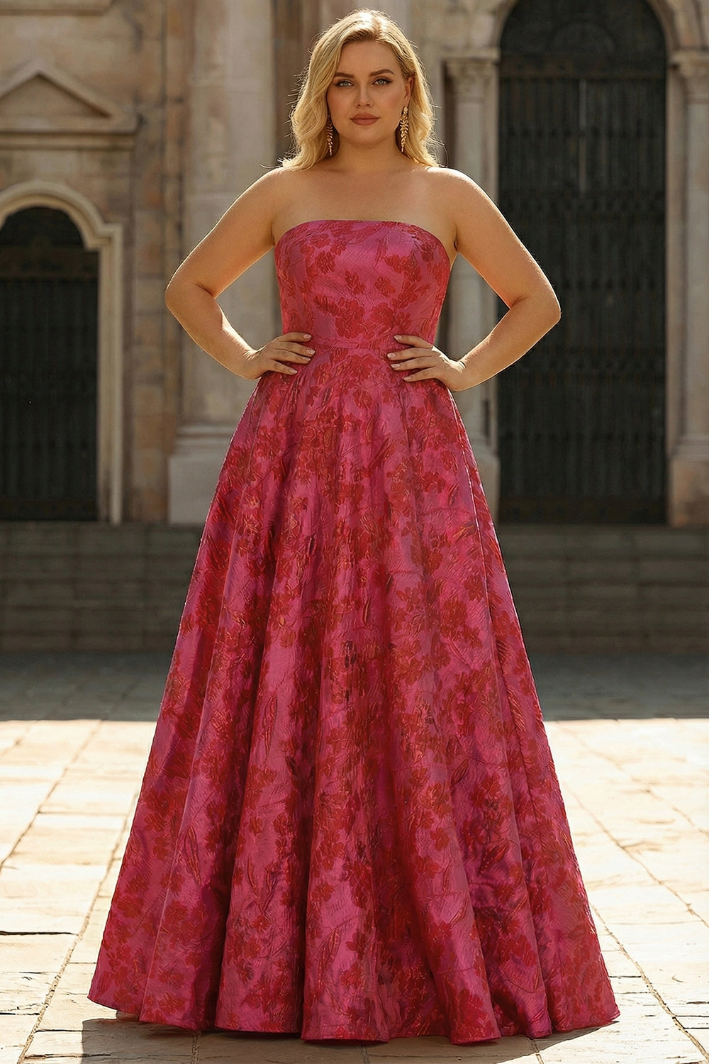 Plus Size Fuchsia Strapless Floral A Line Strapless Long Prom Dress with Slit