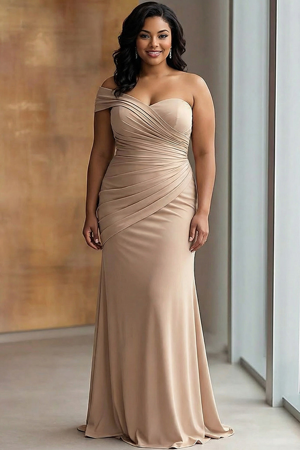 Plus Size Light Khaki Jersey Sheath One Shoulder Pleated Long Gala Dress