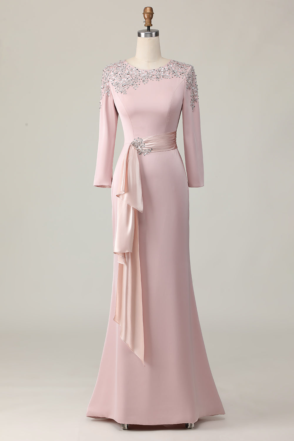 Plus Size Blush Sheath Lace Long Mother Of The Bride Dress with Sleeves
