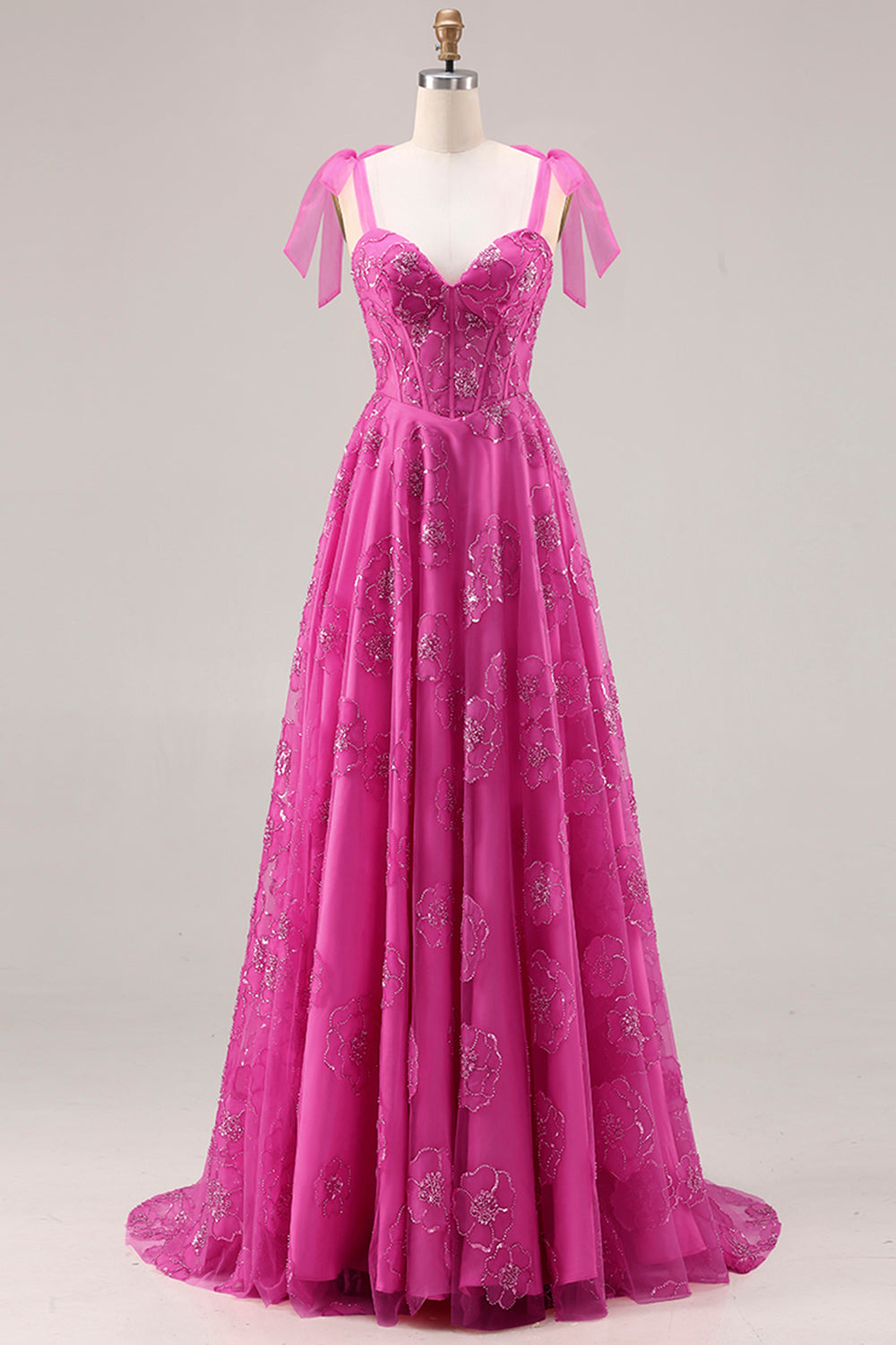 Floral Plus Size Fuchsia A Line Long Corset Prom Dress with Beading