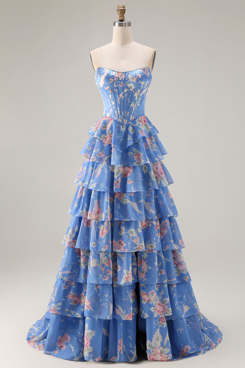 Plus Size Floral Dark Blue Tiered Ruffled A Line Long Corset Prom Dress with Slit