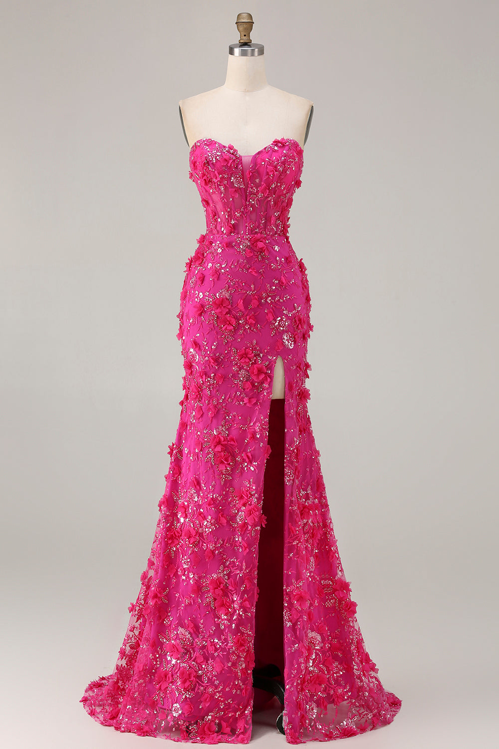 Sparkly Floral Fuchsia Mermaid Beaded Long Corset Prom Dress with Slit