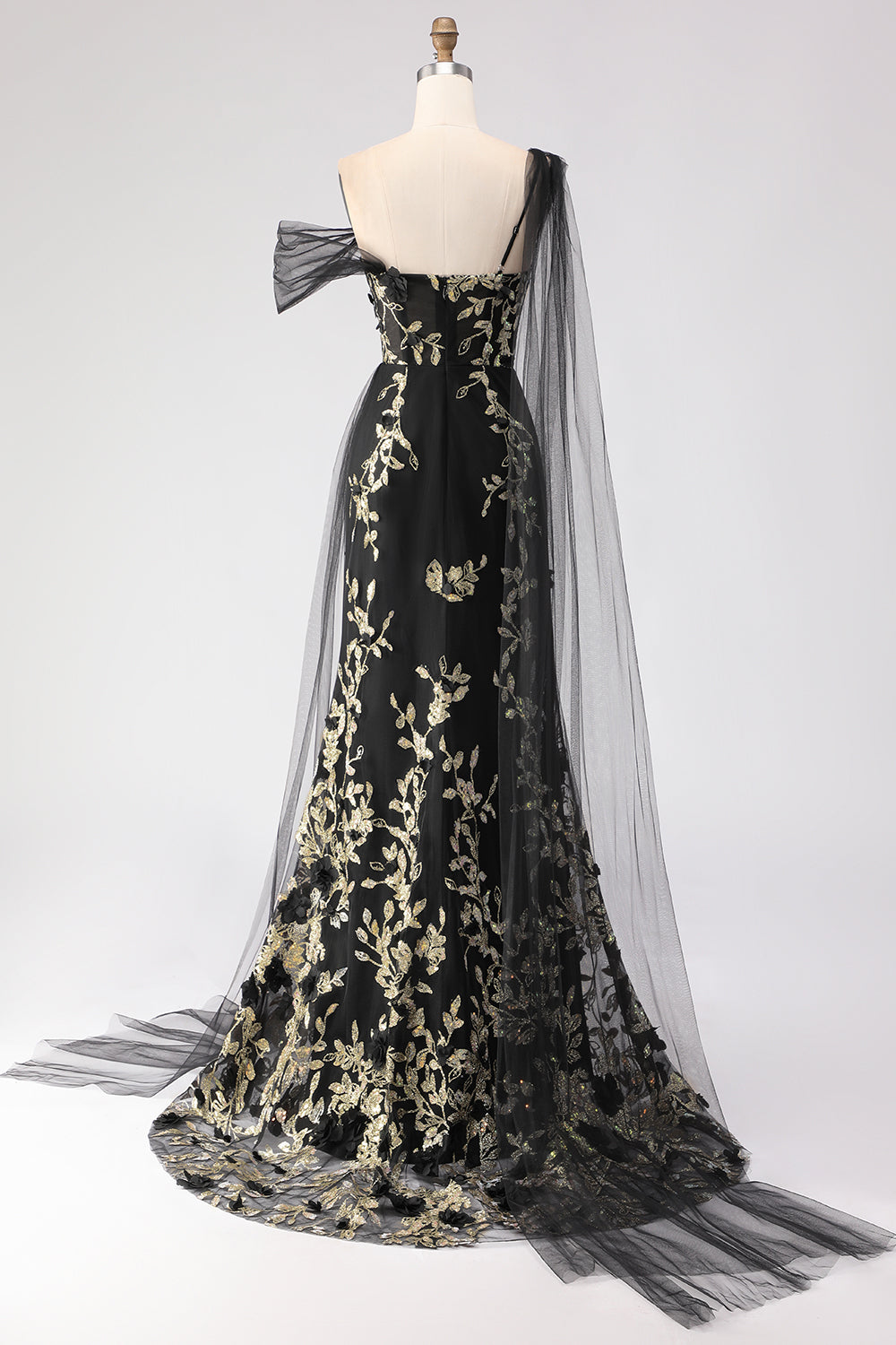 Plus Size Floral Black Golden One Shoulder Sheath Long Prom Dress with Side Cape