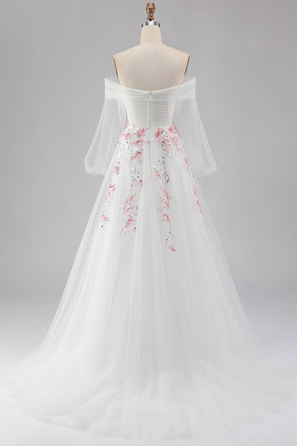 Plus Size Floral Sparkly White A Line Tulle Long Prom Dress with Sequins