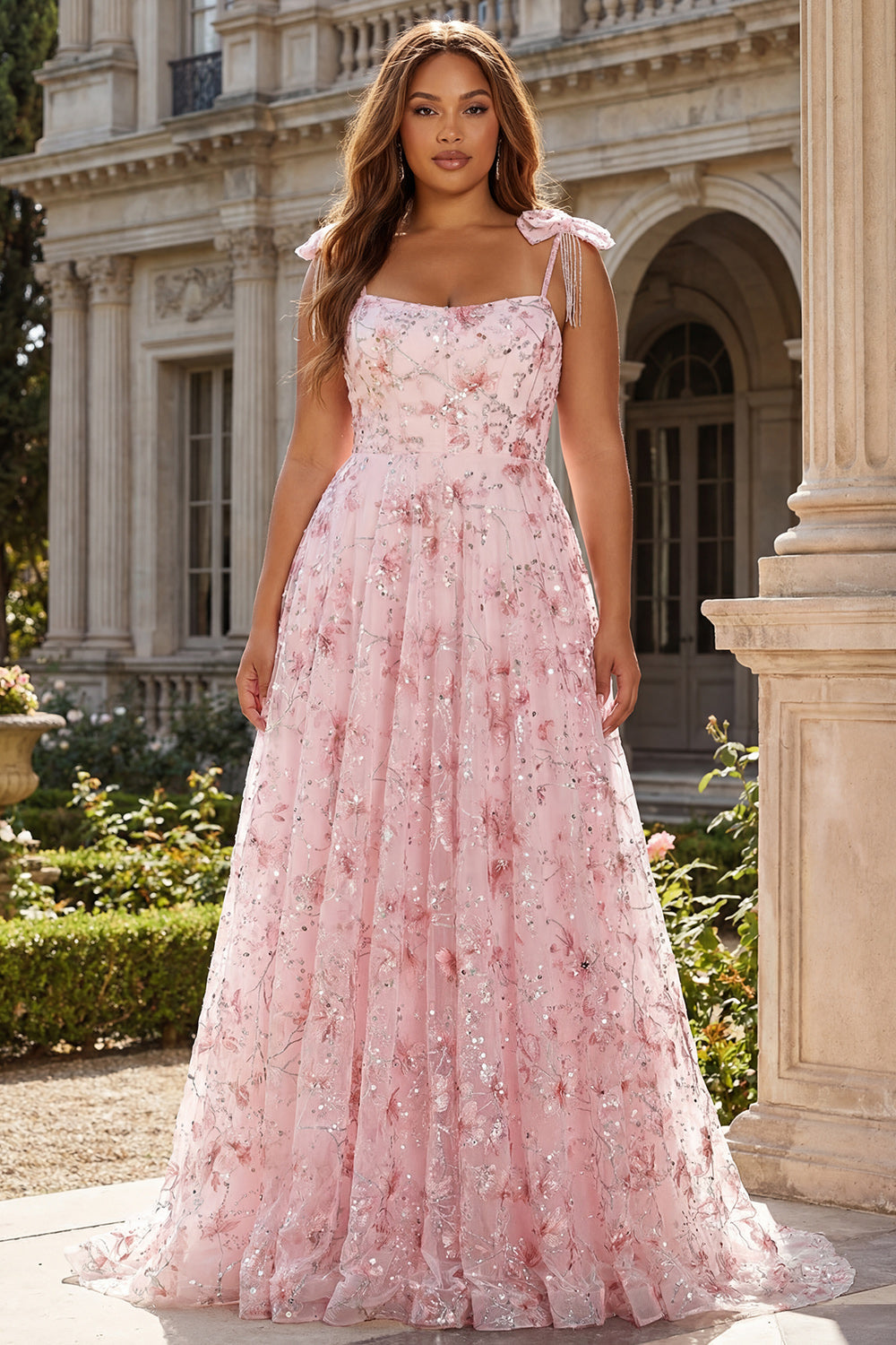 Sparkly Pink Plus Size Floral Spaghetti Straps Sequin Long Prom Dress with Bows