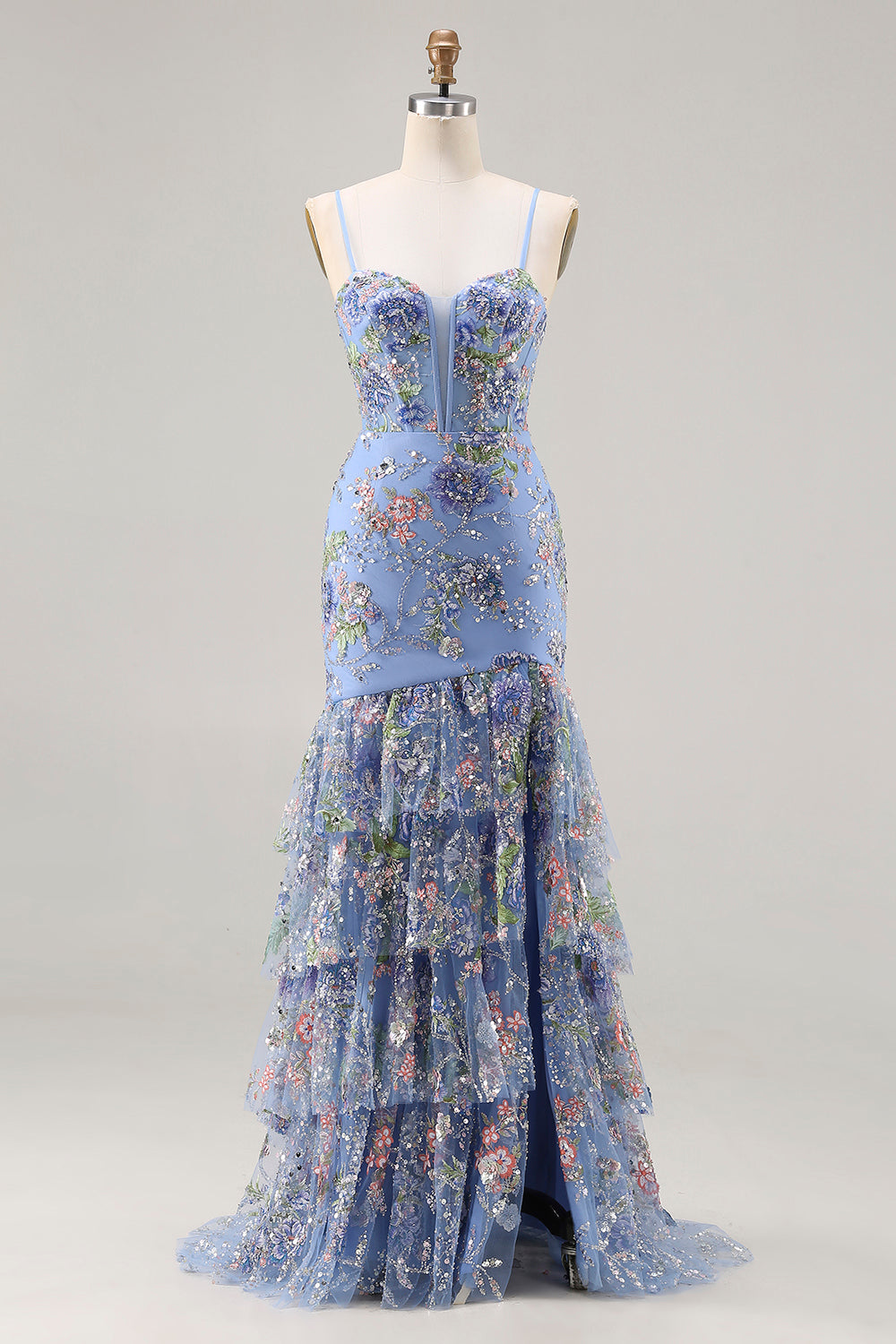 Plus Size Sparkly Floral Blue Ruffled Mermaid Long Corset Prom Dress with Slit