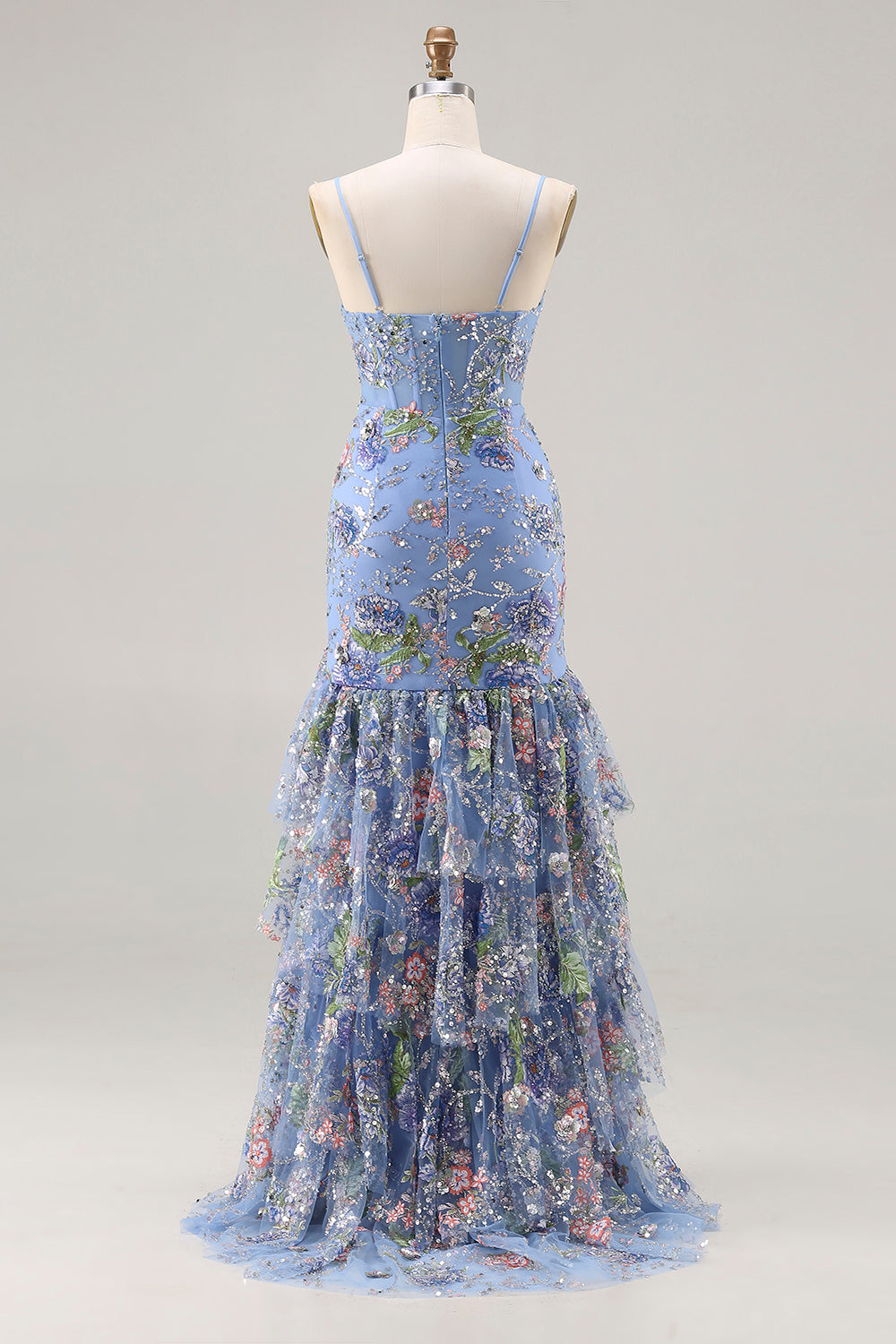 Plus Size Sparkly Floral Blue Ruffled Mermaid Long Corset Prom Dress with Slit