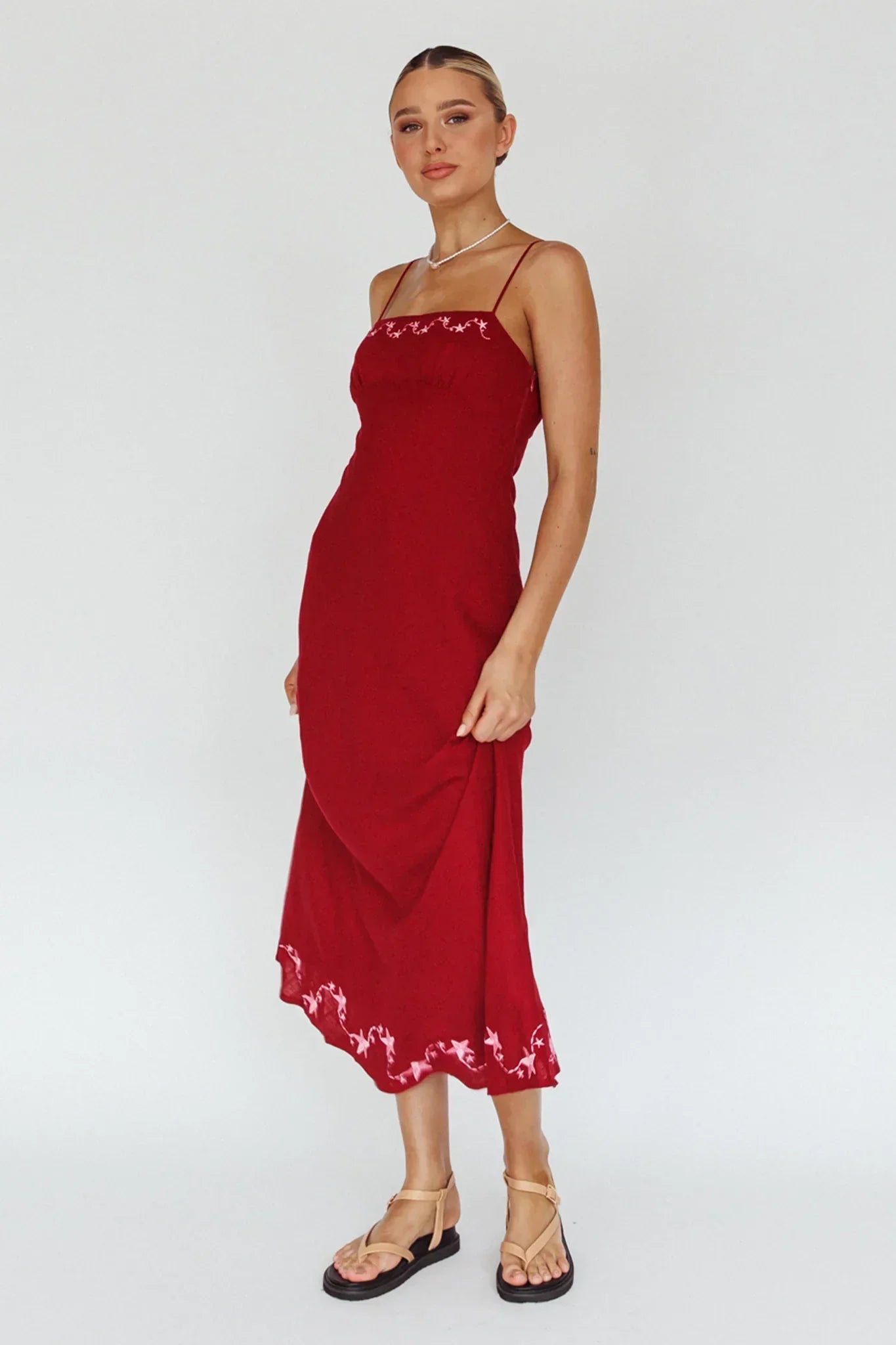 Star Garden Embroidered Midi Dress Wine