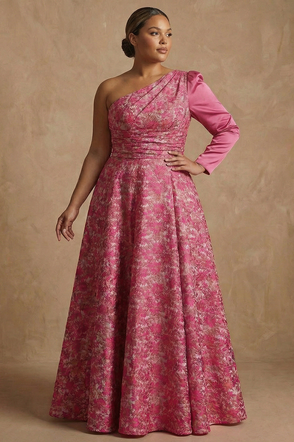 Plus Size Floral Fuchsia A Line One Shoulder Long Mother of the Bride Dress with Sleeves