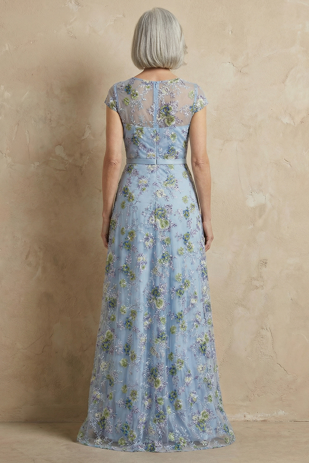 Plus Size Blue Round Neck Floral A Line Appliqued Long Mother of the Bride Dress