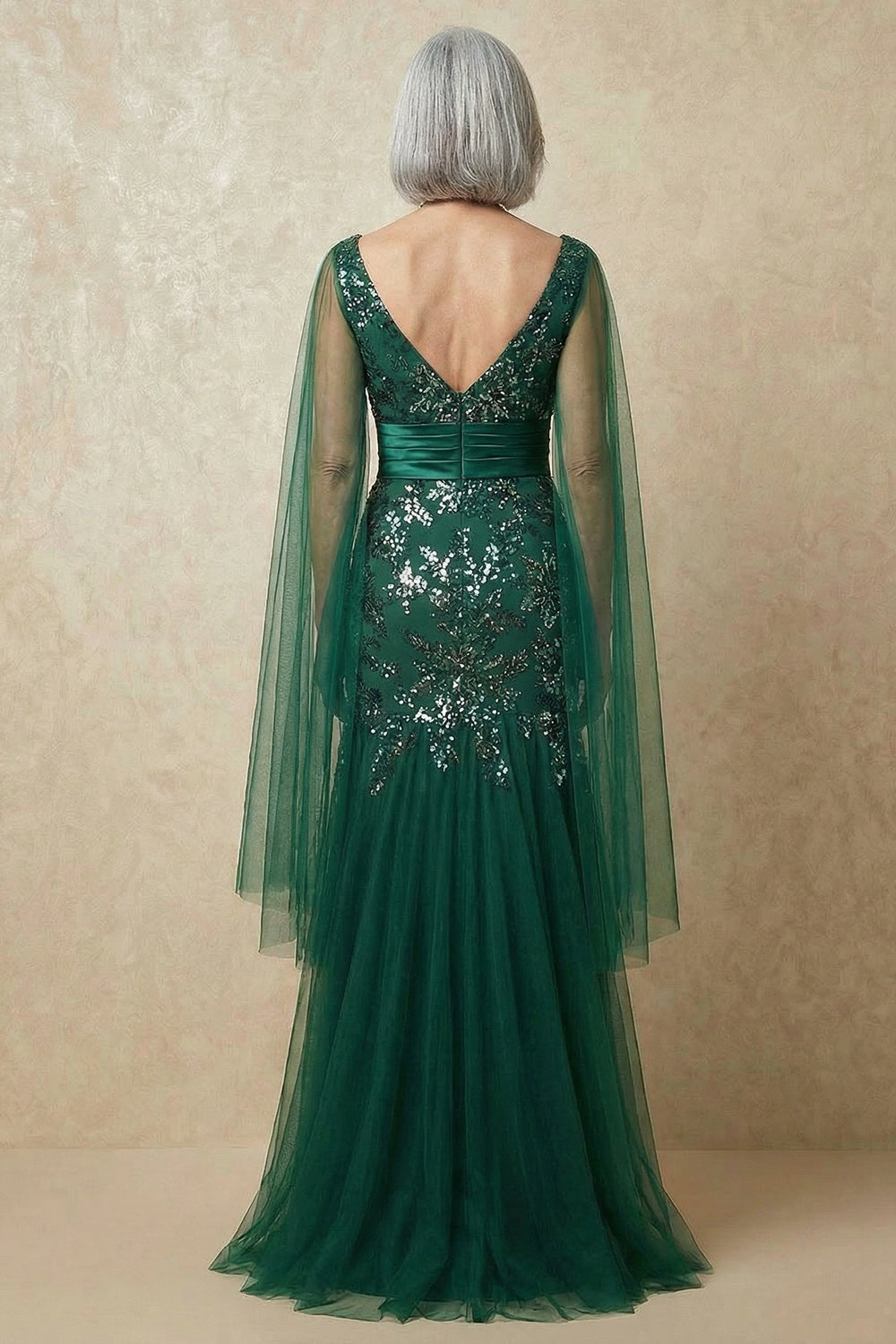 Sparkly Dark Green Plus Size Floral Appliqued Mermaid Long Mother of the Bride Dress with Cape