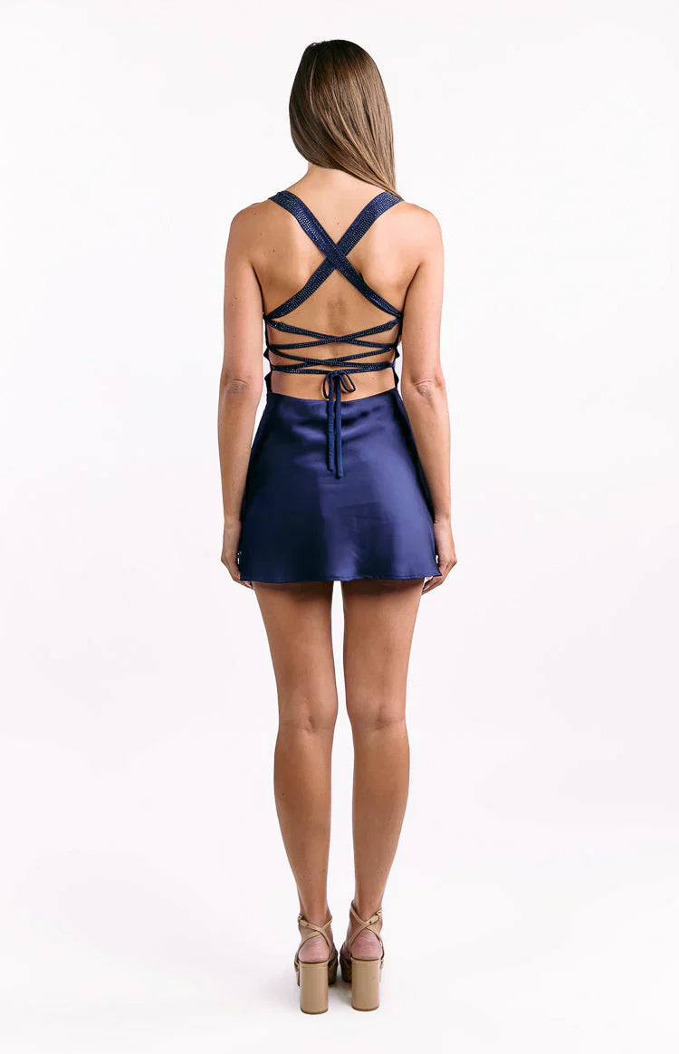Jazzy Navy Contrast Rhinestone Mini Dress