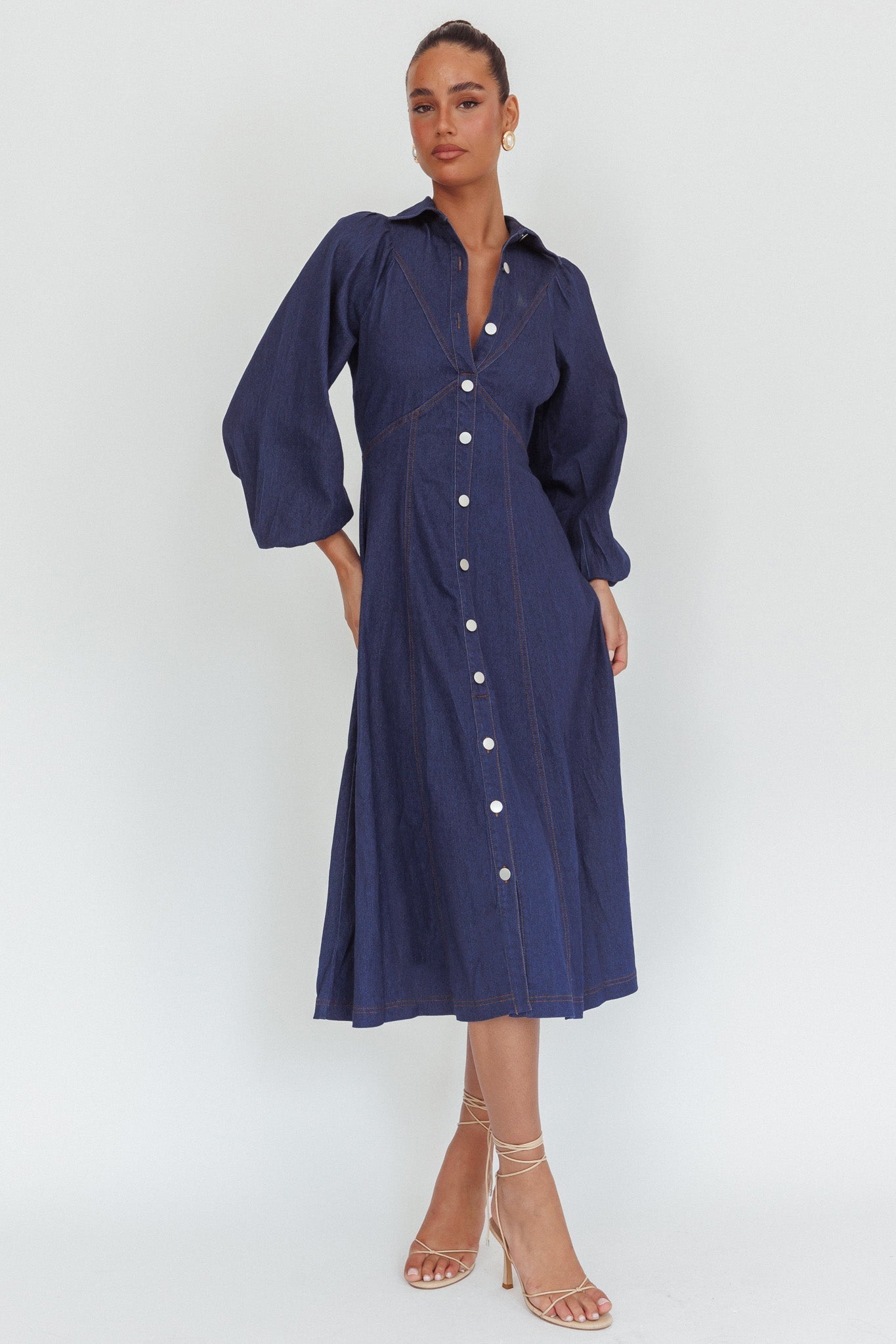 Ania Long Balloon Style Midi Dress Dark Denim